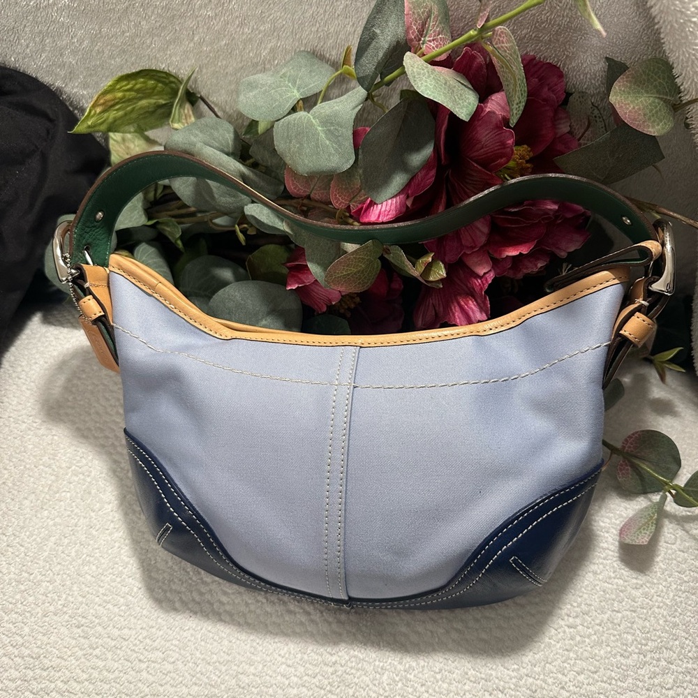 COACH Y2K Soho color block blue satin & leather shoulder  Bag#9508 - Picture 3 of 12